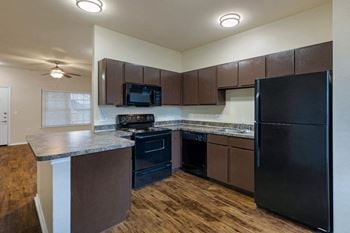 Black kitchen appliances with built-in microwave